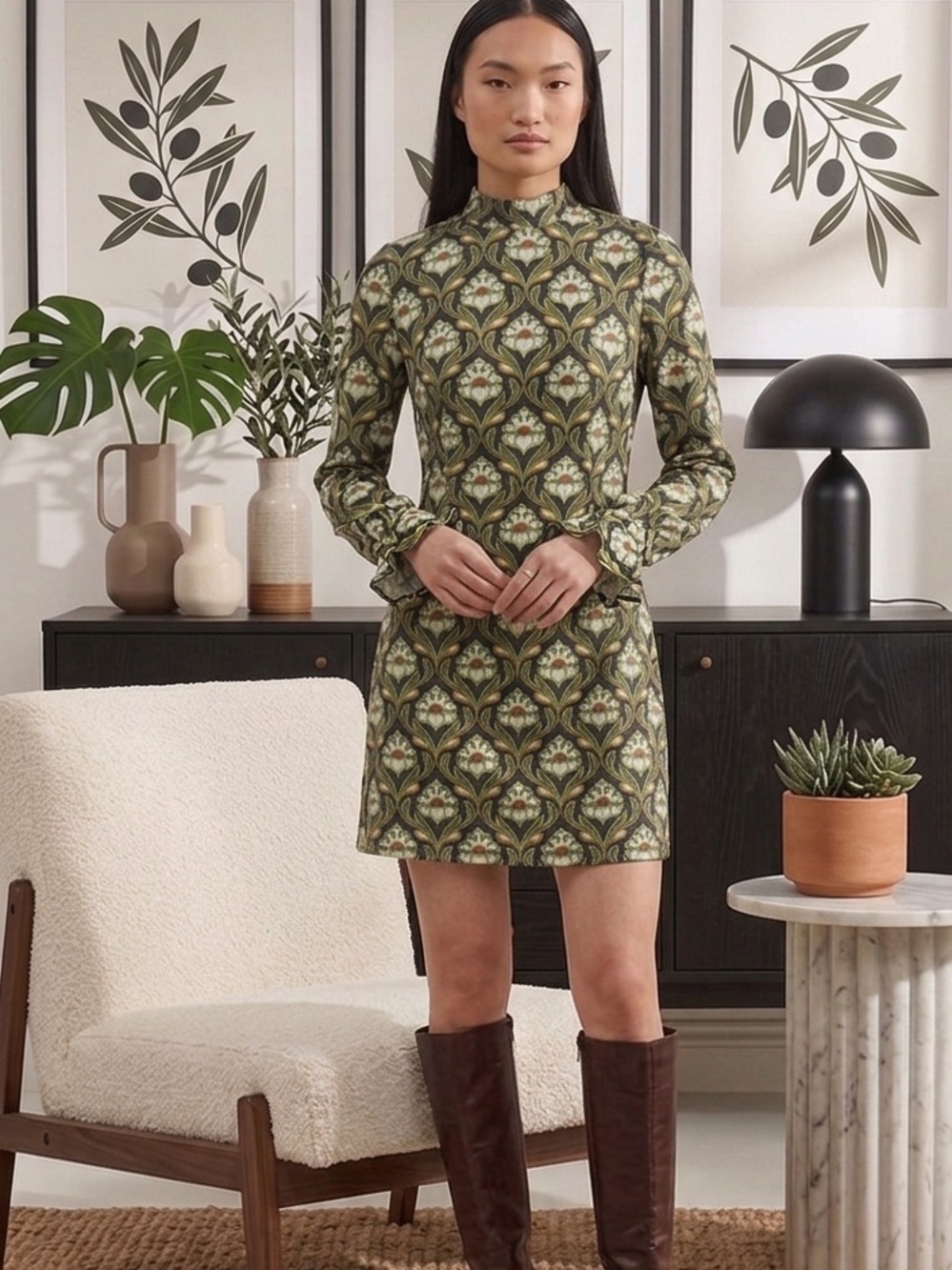 High-Neck Green Patterned Long-Sleeve Mini Dress